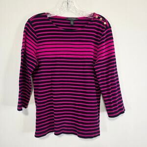 Lauren Ralph Lauren Blue Pink Stripe Long Sleeve Blouse Nautical Coastal XL